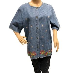 Vintage Toffee Apple Embroidered Spring Floral Granny Button Up Denim Shirt L